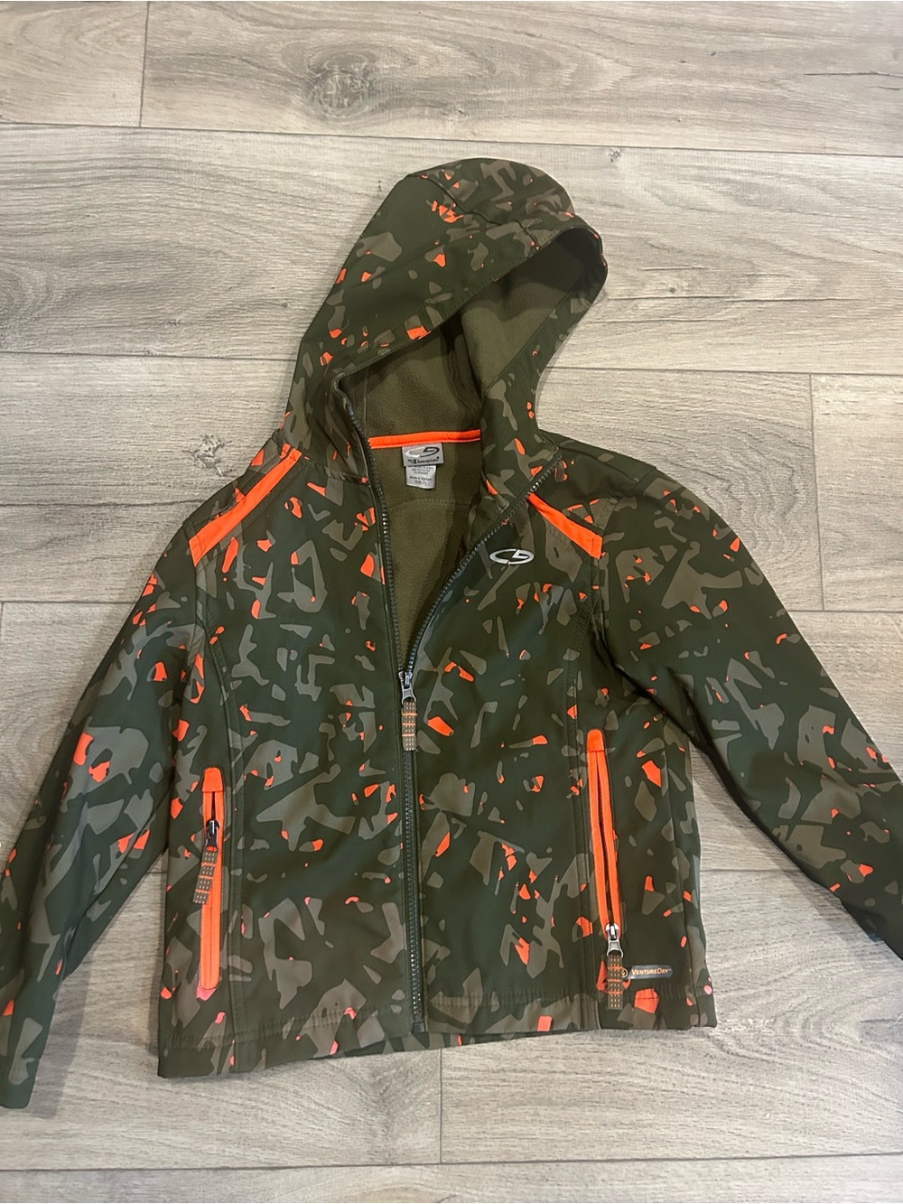Kids champion 6-7 olive  Green & Orange Camo Hooded Jacket
